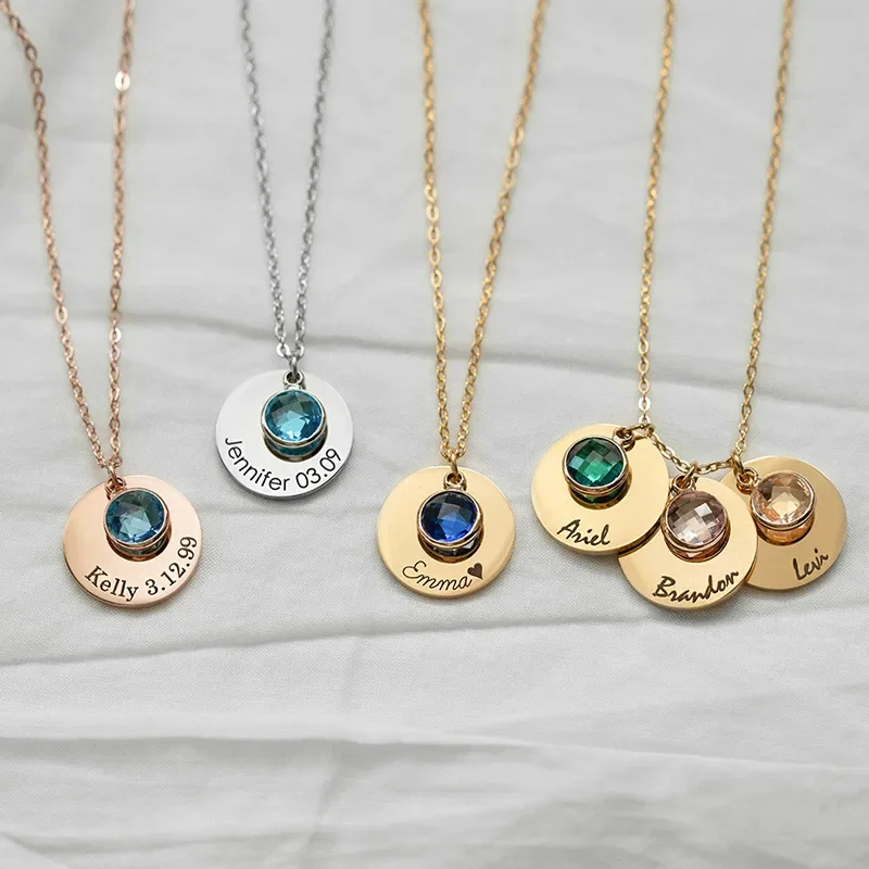 

12 Birthstone Engraved Name Necklace Personalized Stainless Steel Date Charm Pendant for Women Children Gift 2023