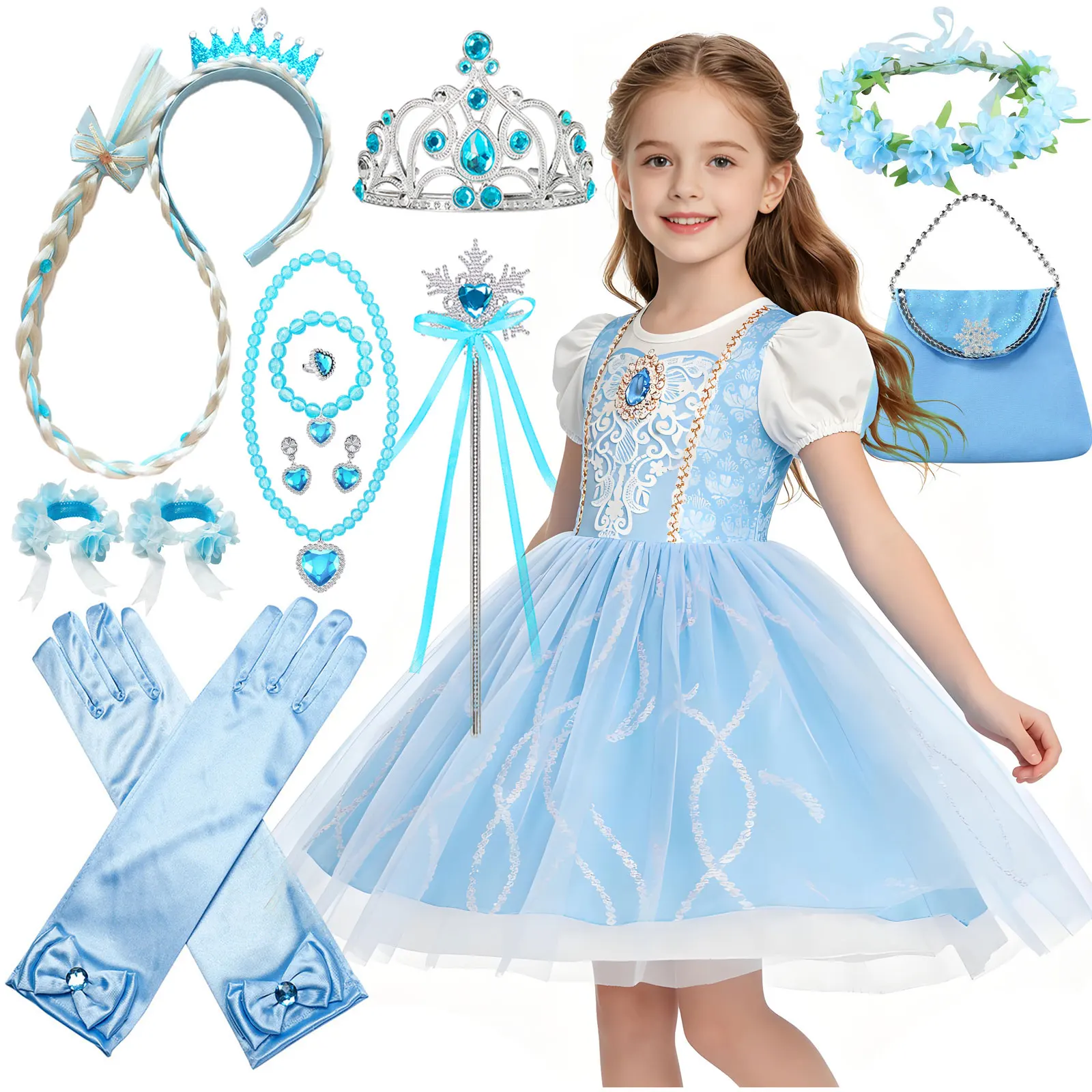 

2026 Disney New Cinderella Blue Cute Short Sleeve Princess Breathable Dress Summer Girl Cosplay Cinderella Beach Party Dress Set