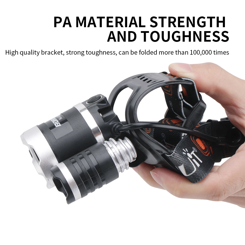 BORUiT RJ-3000 LED Headlamp 3-Modes Waterproof Headlight USB Charger 18650 Head Torch Outdoor Camping Fishing Emergency Lantern