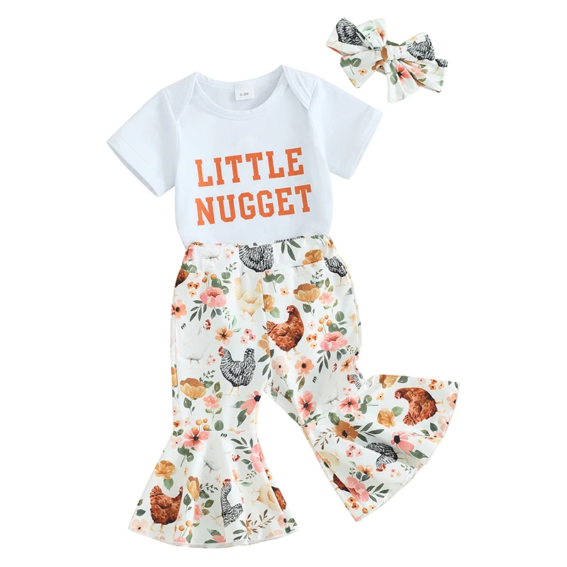 Newborn Baby Girl Farm Outfits Little Nugget Short Sleeve Romper Chicken Floral Flared Pants Headband 3Pcs Set