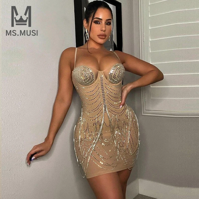 

MSMUSI 2023 Newest Fashion Designer Women Sexy Strap Crystal Sequins Lace Mesh Sleeveless Bodycon Party Club Event Mini Dress