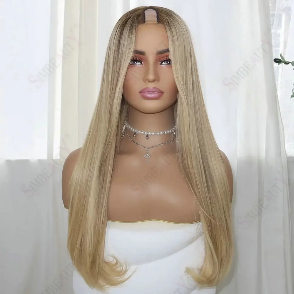 

Women's 1x4 Szie U Part Wigs Human Hair 200Density Natural Straight Balayage Light Blonde Glueless V Part Wig Remy European Hair