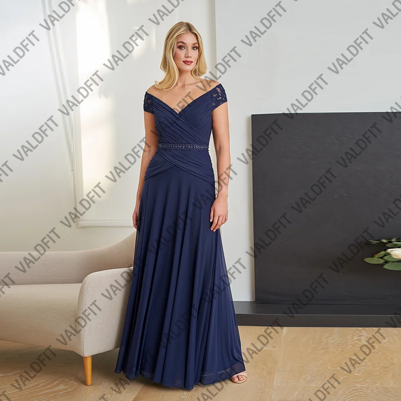 

Customized Long Navy Blue Off Shoulder Mother of the Bride Dresses for Weddings with Wrap Guest Dress Robes Invitee Mariage