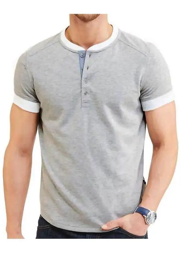 Summer New Men's Short Sleeve T-Shirt Henry Body Fit T-Shirts Bright Thread Flocking PU Leather Cotton Youth Fashion City Walk