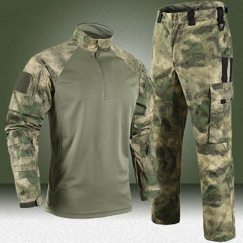 Ruins Camo Tactical Sets Men Autumn Breathable Quick-drying Training Tshirts+Multi-pocket Wear-resistant Cargo Pants 2 Pcs Suits