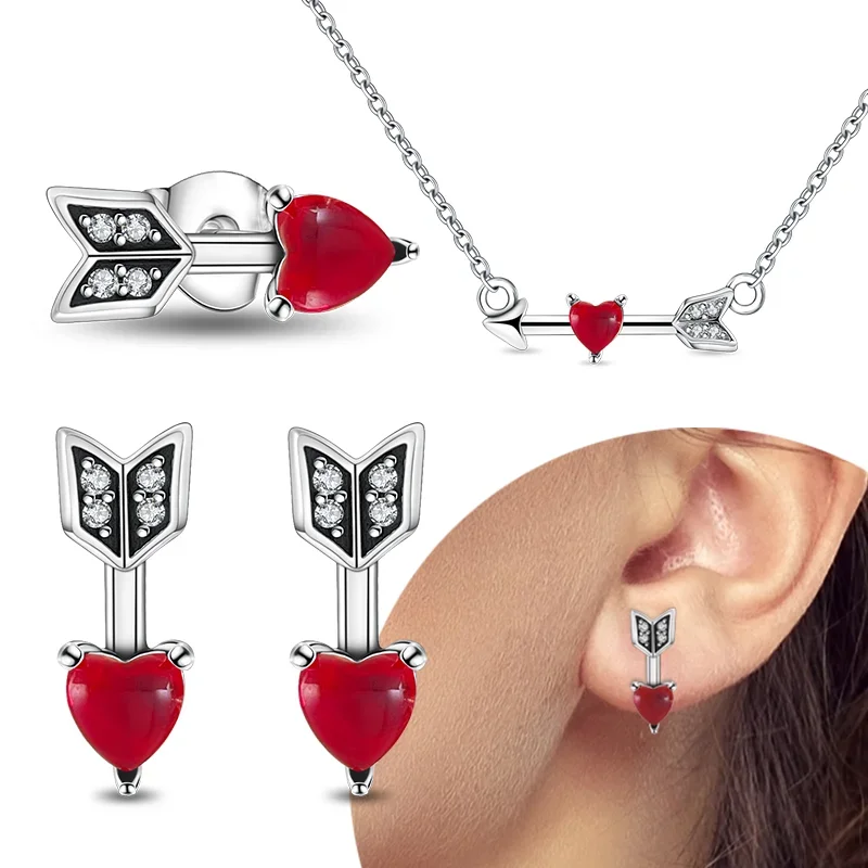 

Sterling Silver 925 The Arrow of Love Red Heart Charm Earrings Necklace for Women Trendy Valentine's Day Fine Jewelry Gift