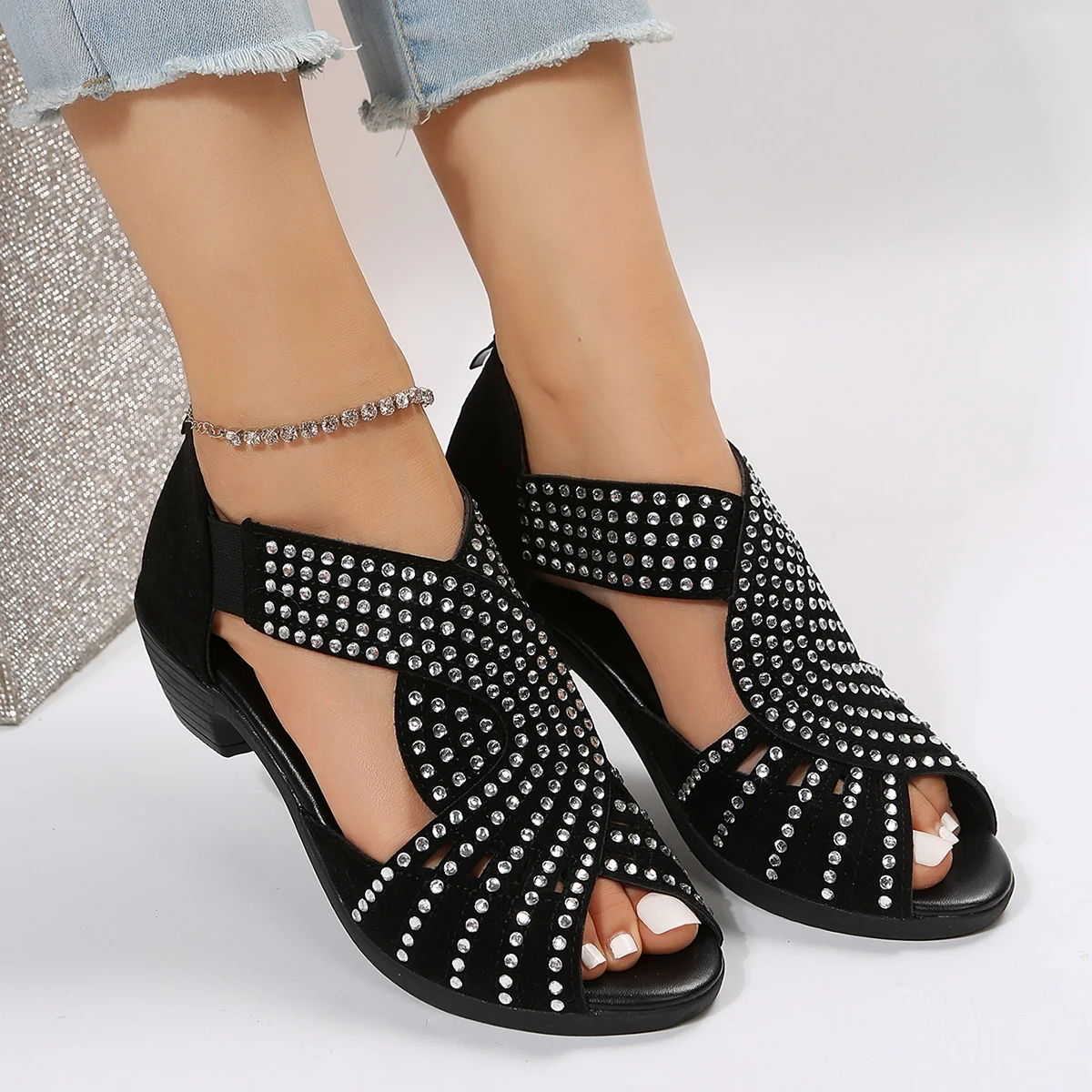 2026 Neue Modische Bequeme Tanzsandalen für Damen mit Strass-Reißverschluss und Kristallen, Indoor-Schuhe mit Offener Spitze – Detail 11