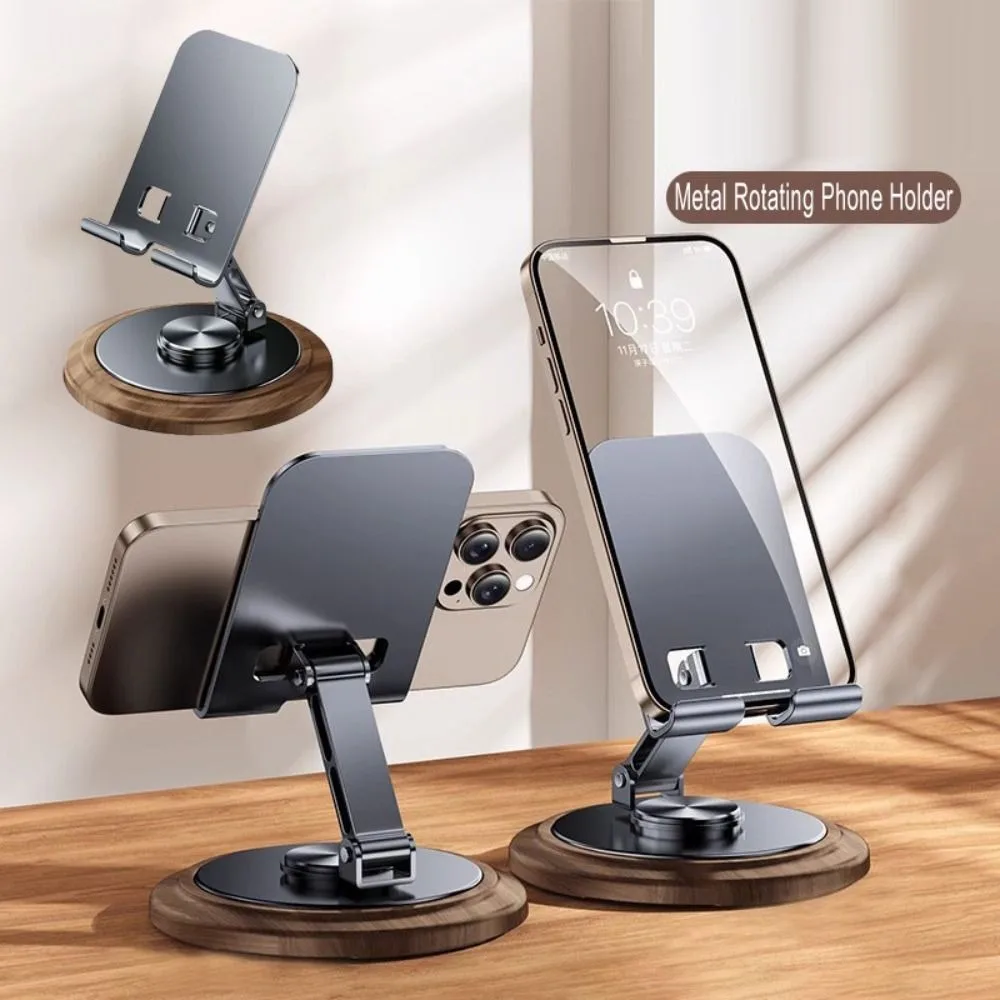 New Professional Walnut Base Phone Holder Folding 360° Rotating Tablet Stand Metal Universal Cell Phone Bracket Live Streaming
