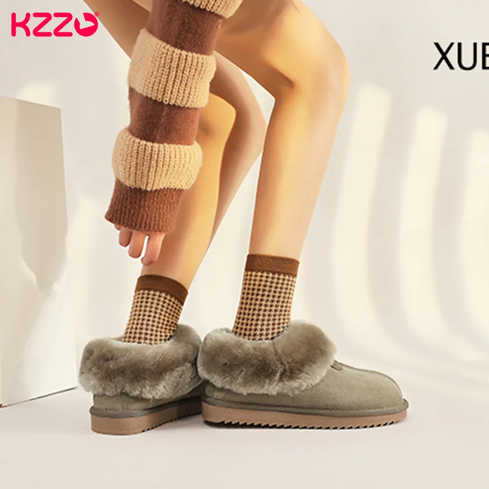 KZZO Australia Natural Wool Fur Mini Shallow Snow Boots Women Genuine Leather Casual Short Ankle Winter Warm Shoes Non-slip