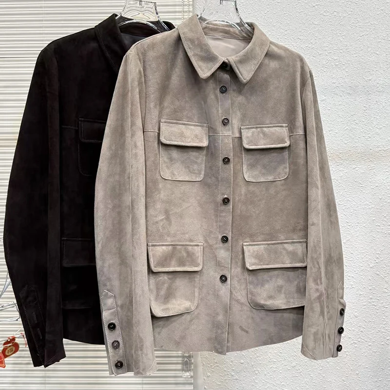 2025 Genuine Suede Coat Spring Autumn Fashion Retro Pocket Single Breasted Gray/Coffee Sheepskin Long Sleeve Shirt Jacket Female
