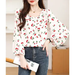 Spring Summer Casual Loose O-neck Long Sleeve Shirt Women French Chic Fruit Print Blouses Fashion All-match Elegant Tops