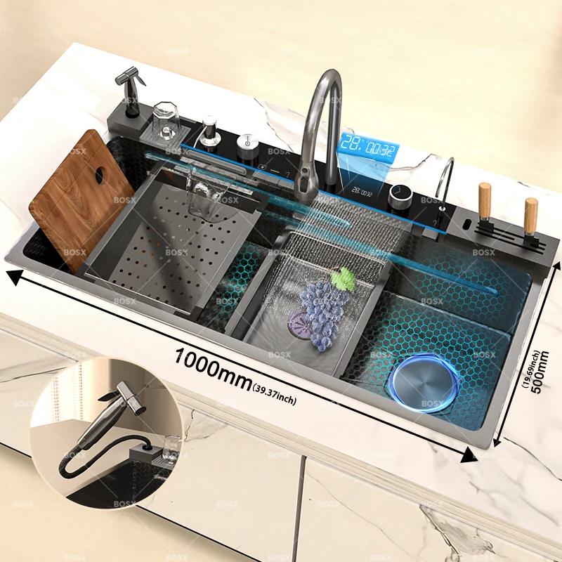 Küchenspüle, Wasserfall-Waschbecken aus Edelstahl, extra großer Einzelschlitz mit Digitalanzeige, Wasserhahn-Set für die Küche