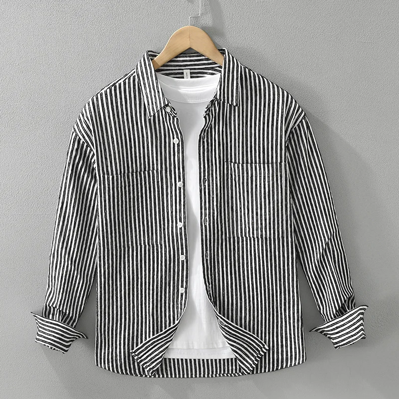 

Japanese Vintage Striped Shirt Men Spring Fall Daily Causal Long Sleeve Shirt Man Lapel Double Pocket Design Shirts Literary Top