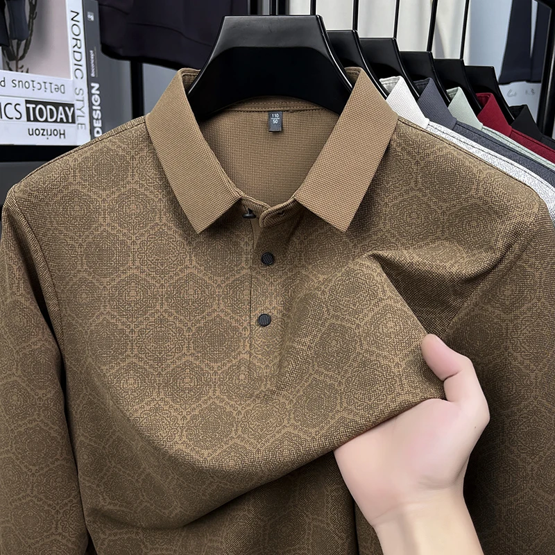 

Autumn Faion Dad irt Long Sve with Collar Red Color for Middle-Aged And ly Men Luy Year Print Casual Sle