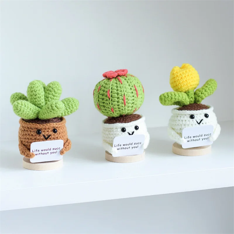 New Positive Energy Heart Flower Hand-woven Potted Plants Home Room Decoration Crochet Cactus Pot Hug Pocket Knitting Doll Gift