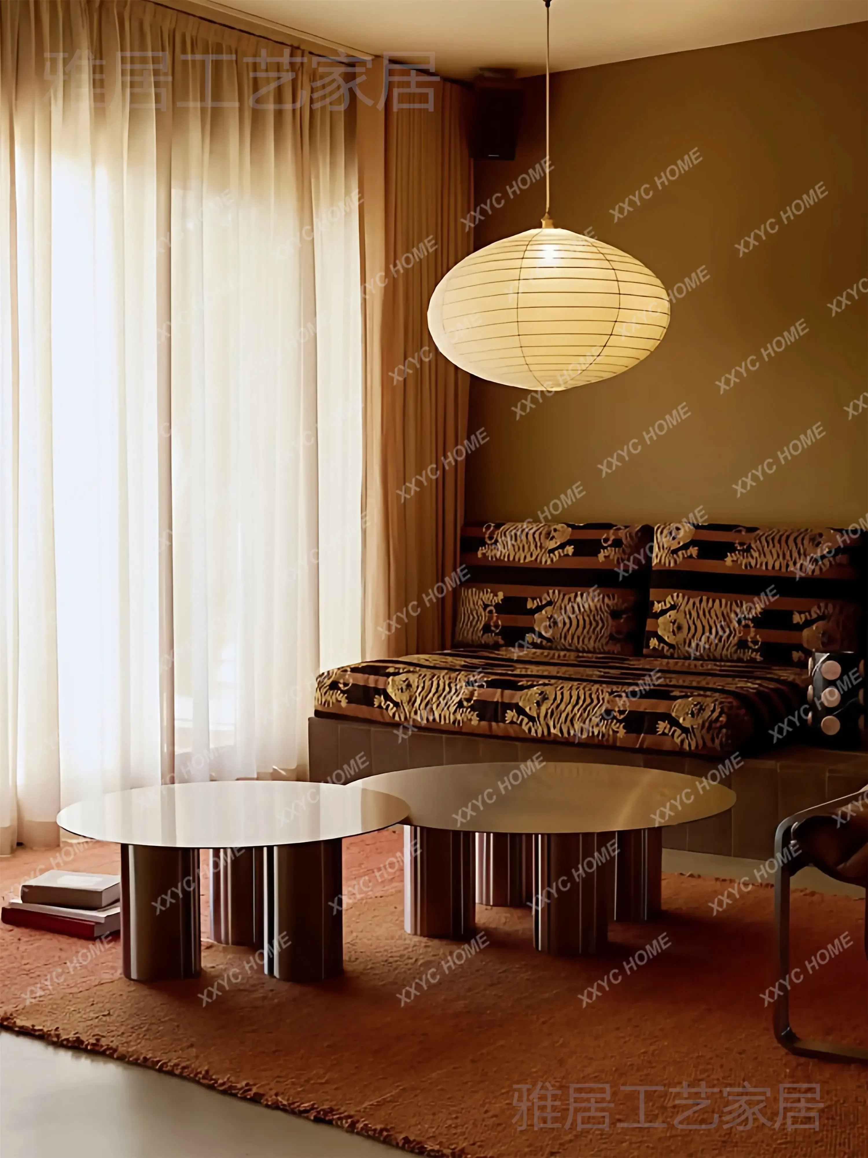 

L Coffee Table Light Luxury Stainless Steel Round Combination Medium And Ancient Style Special-shaped Coffee Table