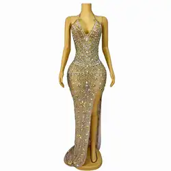 High Quality Sexy Mesh Diamond High Fork Long Dress Fashion Women Rhinestone Birthday Party Prom Wedding Guest Dress Stage Wear