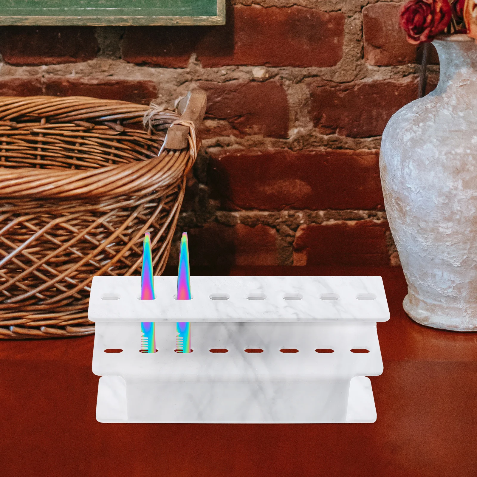 ที่วางแหนบอะคริลิค 8 ช่อง ลายหินอ่อน ที่เก็บแหนบต่อขนตาอย่างหรูหรา ที่จัดระเบียบแปรงแต่งหน้า พร้อมขาตั้งโชว์