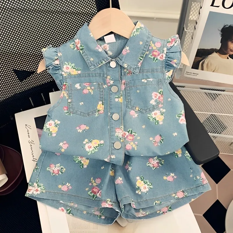 

Floral Flowers Girls Sets 2pcs Toddler Children Clothing Fashion Flying Sleeve Top Shirts+ Shorts Outfits Casual Two-piece Suit