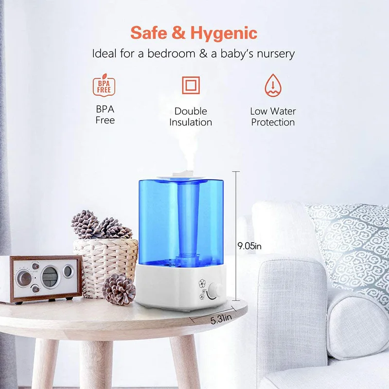Petit humidificateur d'air silencieux à brume froide, adapté pour chambre à coucher, salon, prise US, 2 litres