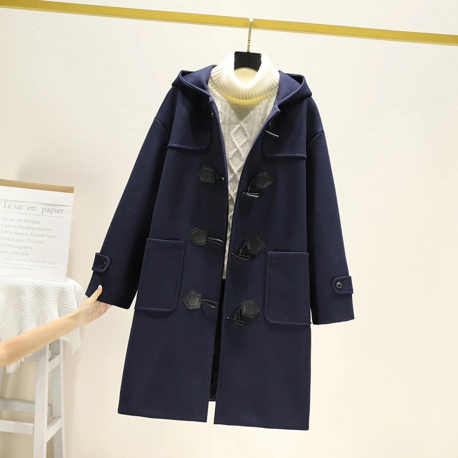 Winter Thiened Woolen Coat Women's Warm Cotton Plaid Mid-Length Hooded Jaet Korean Sle Commute Straight Tube pe