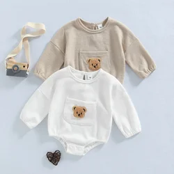 Newborn Baby Girl Boy Bodysuit Spring Autumn Clothes 2022 Casual Long Sleeve Bear Embroidery Front Pocket Bodysuit