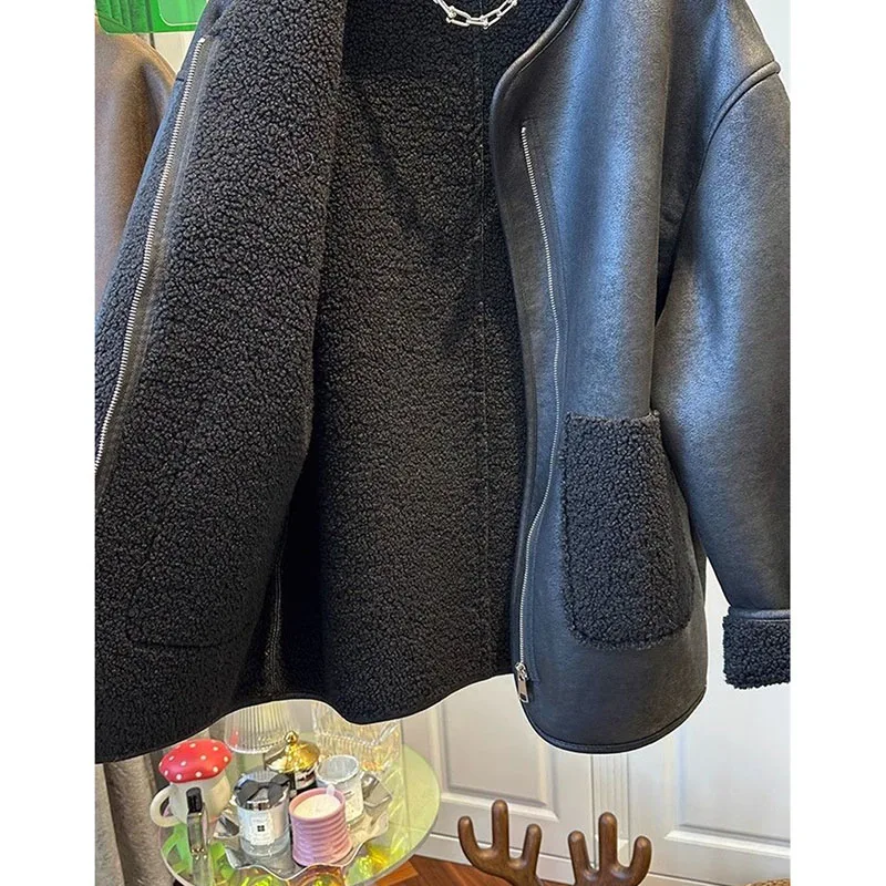 Middle Aged Women's Black Join Together Leather Jacket Women's Thicken Autumn Winter New Faux Fur Coat Leather Jacket PU Coat