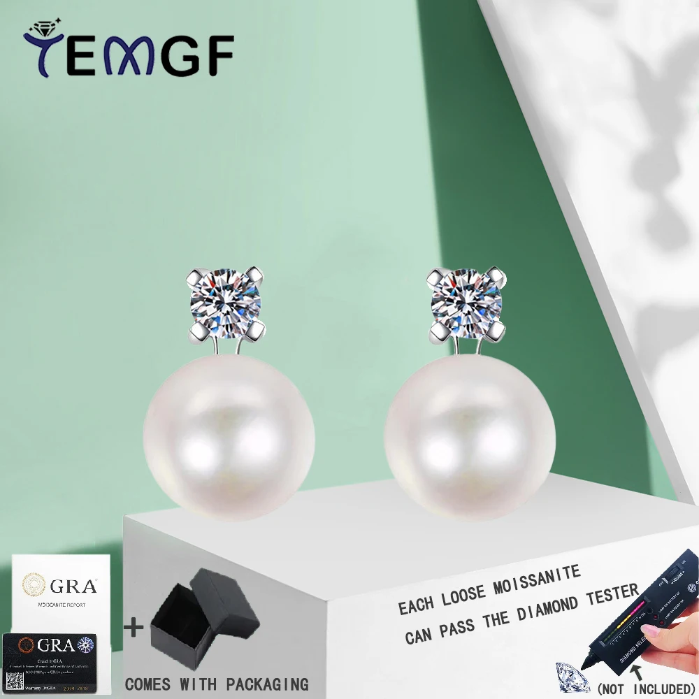 

TEMGF 1 Pair Moissanite/Zircon Ear Studs 8mm-9mm Freshwater Pearl Drop Earrings for Women S925 Sterling Silver Fine Jewelry Gift