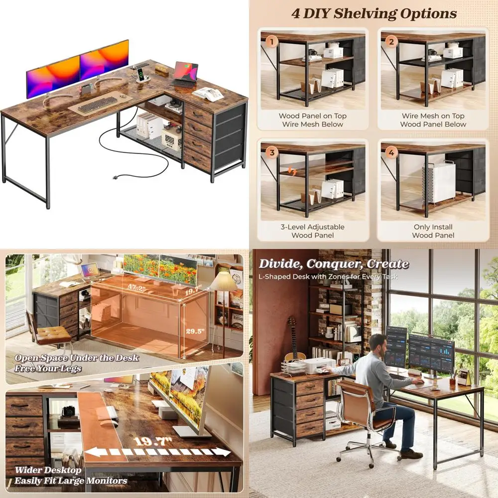 

61-inch L-Shaped Desk with Power and USB-C Ports, Reversible Computer Corner, 4 Fabric Drawers, 2 Hutches for Office