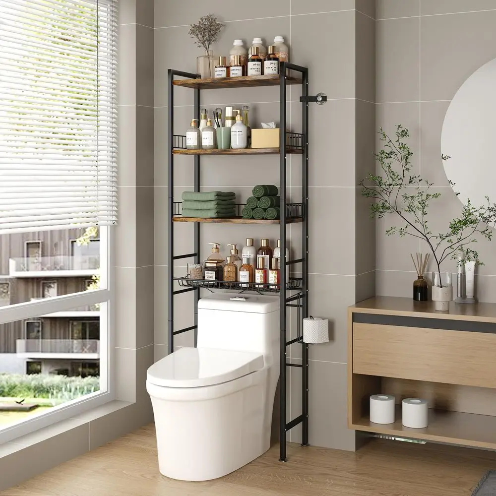 Muebles para Baño, Estante de Baño de 4 Niveles, Repisa para Baño con 1 Portarrollos y Ventosas Antivuelco, Se Adapta a la Mayoría de los Inodoros