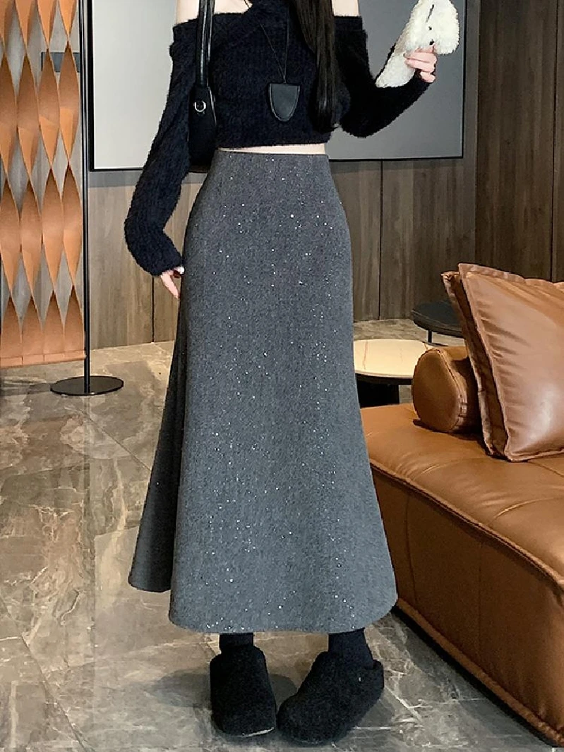 French sle Retro Shiny Woolen Skirt for Women 2024 Winter New High Waist All-Match Drape Slimming Fishtail Long dress