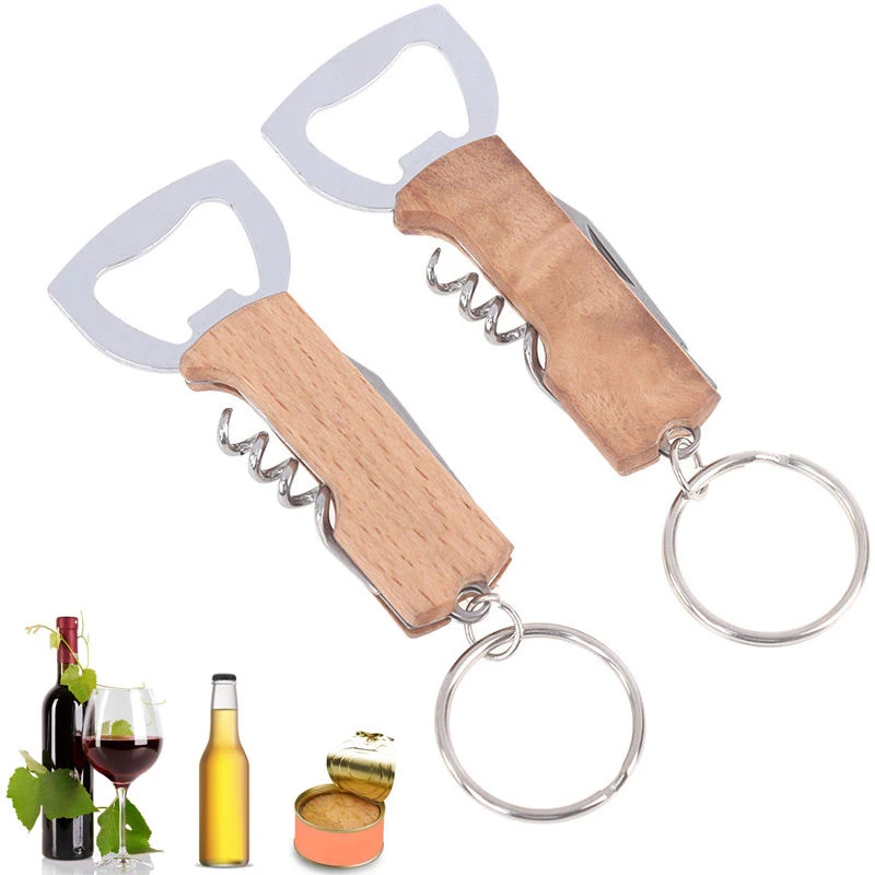 5Pcs Multifunctional 3 in 1 Corkscrew & Opener Peeler Key Chain Wood Handle Wine Core Screw Beer Bottle Opener Keychain