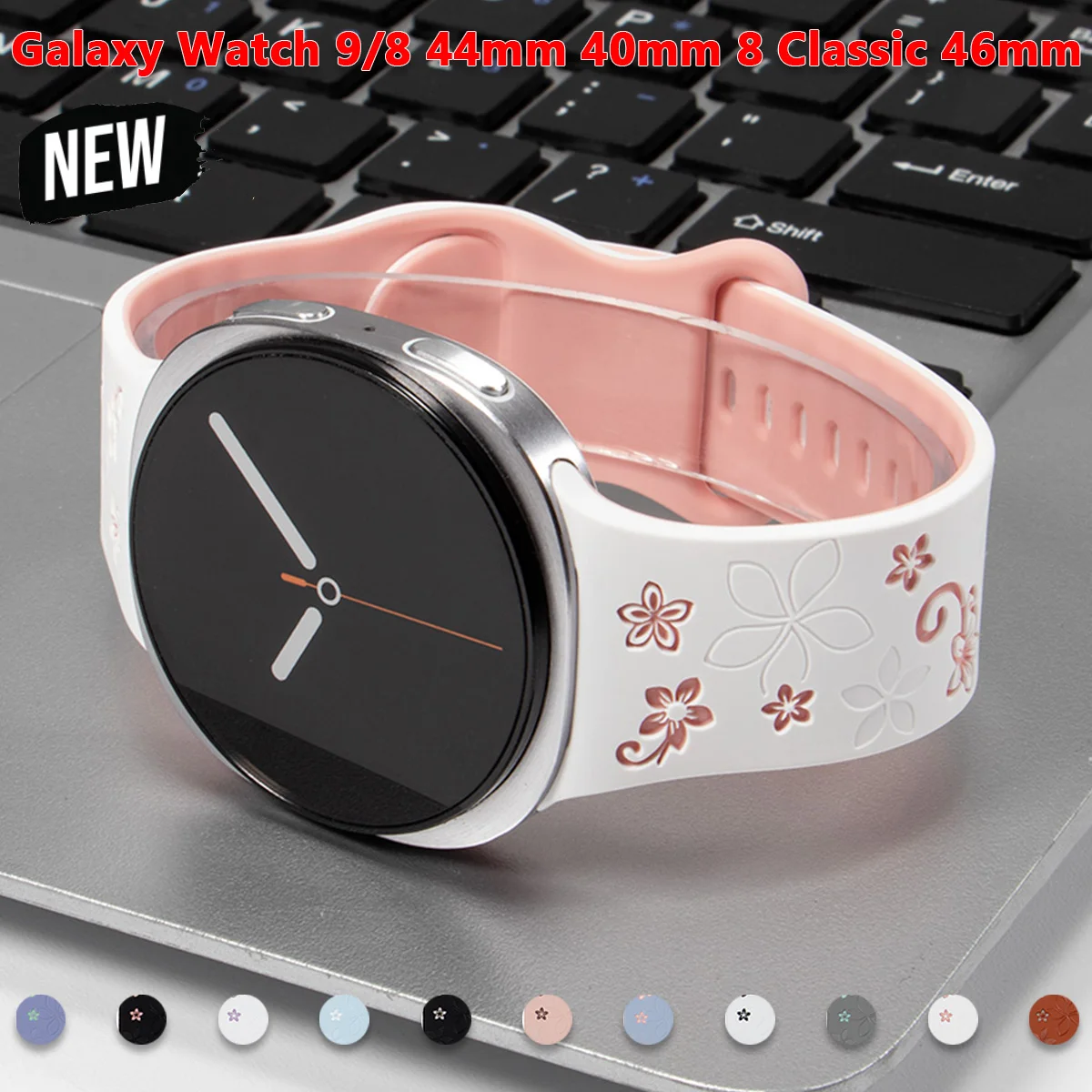 Graviertes Silikonarmband für Samsung Galaxy Watch 9/8 40 44 mm, zweifarbiges Blumen-Sportarmband ohne Lücke, Correa Galaxy 8Classic 46 Band