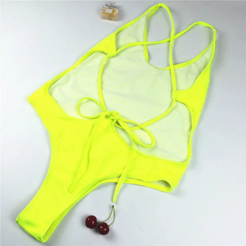 Neon Bathing Suit Bright Swimwear Women Fluorescent Yellow V Neck Monokini Bandage Sexy One Piece Swimsuit Bodysuit Swim Suit