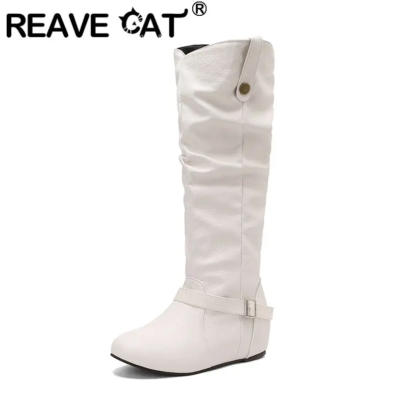 

REAVE CAT 2025 Classic Casual Women Knee High Boots Round Toe Elevated Heel 4cm Zip Buckle Plus Size 49 50 Daily Boots Red Blue
