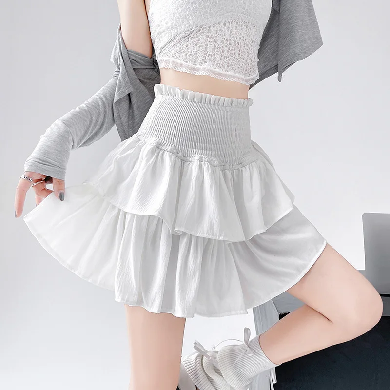Double Layer Ruffles Mini Skirt for Woman Ballet Style Black White Puffy Skirts Women Summer Sweet High Waist A-line Short Skirt