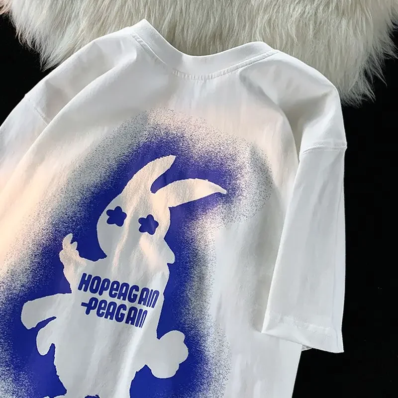 

American Street Hiphop Rabbit Printed Pure Cotton Short Sleeved T-shirt for Men and Women Summer Ins Loose and Versatile Top