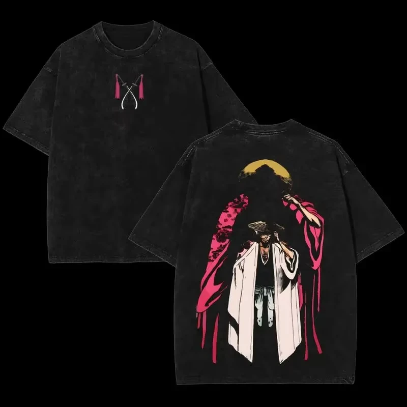 Bleach Kyoraku Shunsui T-shirt Men Women Cotton Graphic Printed Short Sleeve Oversized Vintage Washed Anime Streetwear Top
