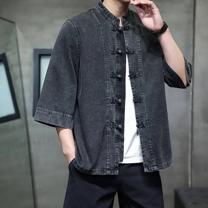 

Loose Fit Men's Vintage Style Seven Quarter Sleeve Denim Shirt Chinese Style Button up Top Coat Casual Breathable Cotton Jean...