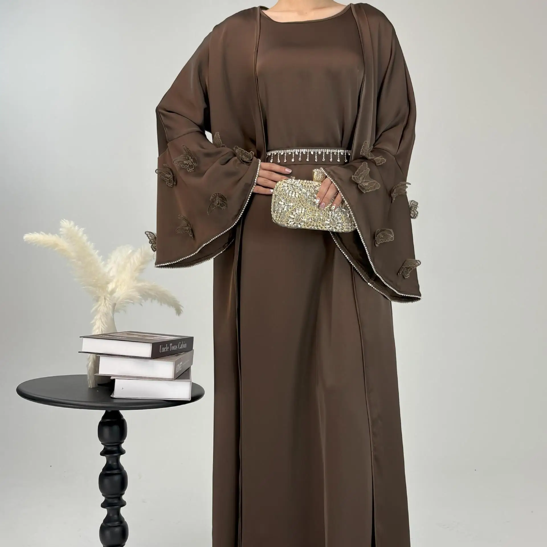Set musulmani 2 pezzi Donna aperta Abaya Diamond Kimono Abito interno Set Turchia Dubai Caftano Eid Party Ramadan Caftano Arabo Rob Abito