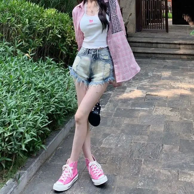 

Джинсовые шорты с высокой талией и меховыми краями для девочек, женские тонкие широкие брюки трапециевидной формы в стиле ретро, модные