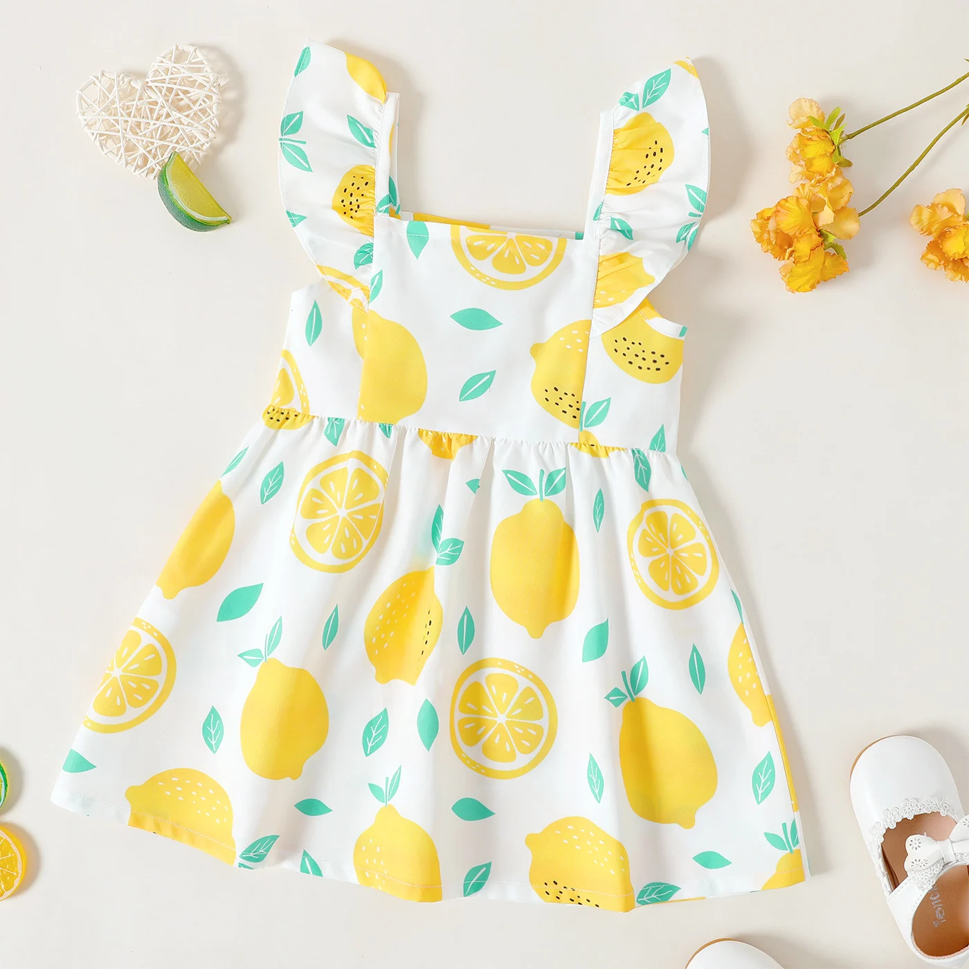 PatPat Toddler Girl Dresses Button Design Lemon Print/Plaid Flutter-sleeve Dress