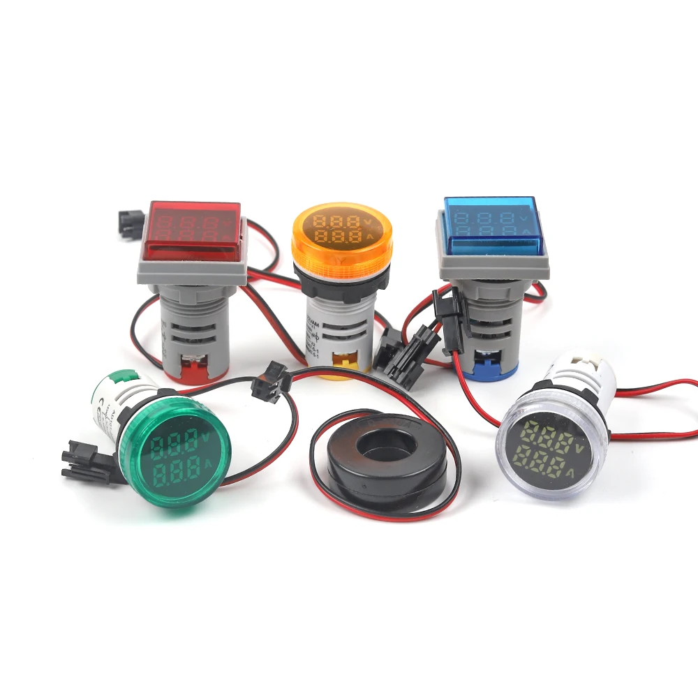 22mm AC 20-500V Round Square Dual LED Indicator Pilot Light Digital Voltmeter Ammeter 0-100A Amp Volt Voltage Tester Meter