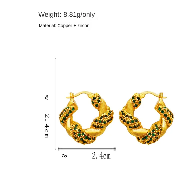 Miedziany, pozłacany europejski i amerykański, przesadny design, metalowy kolczyk, osobowość, kolczyki z zieloną cyrkonią, kolczyki