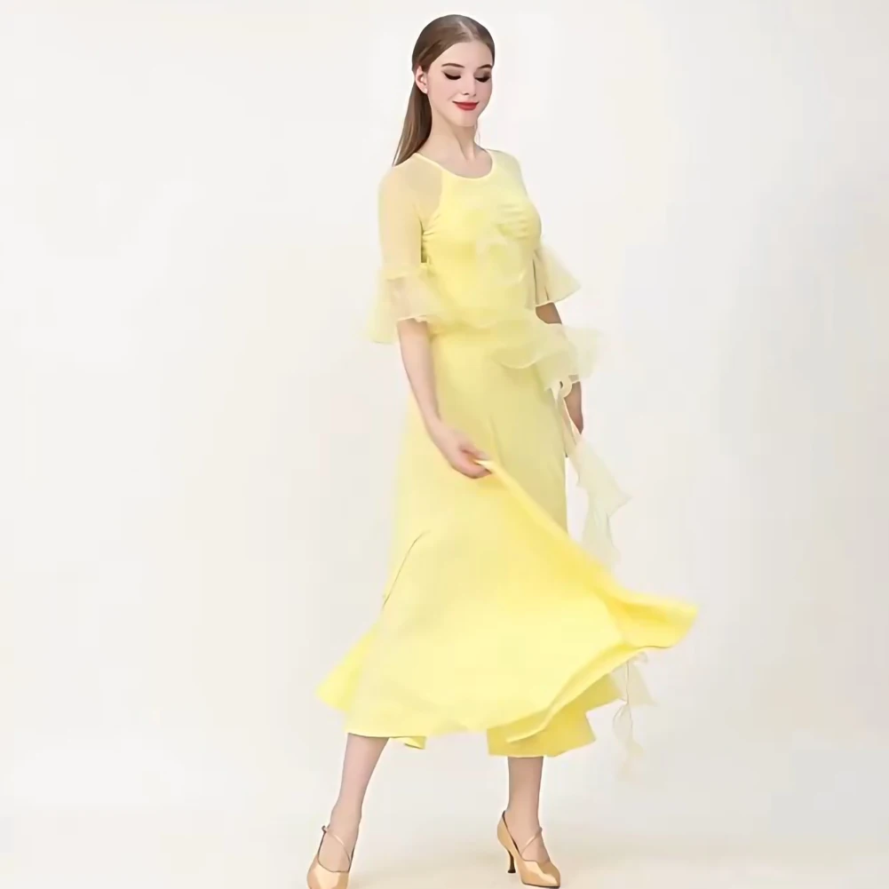 

Розовое платье для соревнований из кожи бального вальса со средними рукавами, современное танцевальное тренировочное платье с круглым вырезом и оборками, элегантное желтое платье