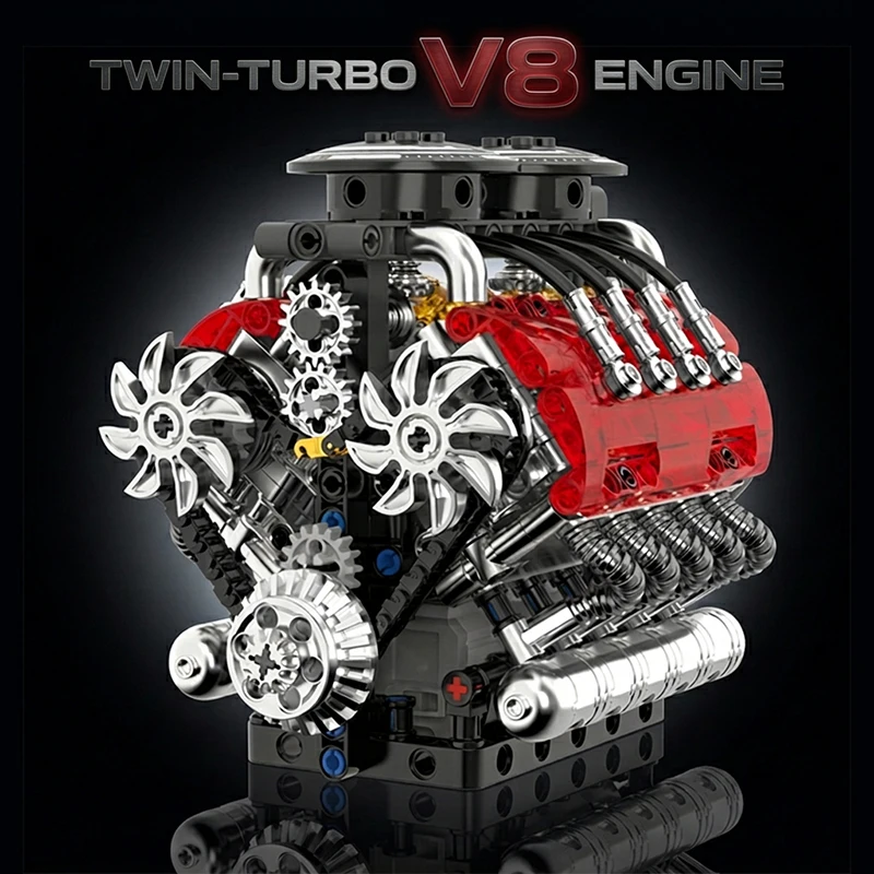 Turbo V8 Engine Technical Building Blocks Motorized Simulation Car Parts Creative Toys Gifts for Adult Bricks Cool Room Ornament