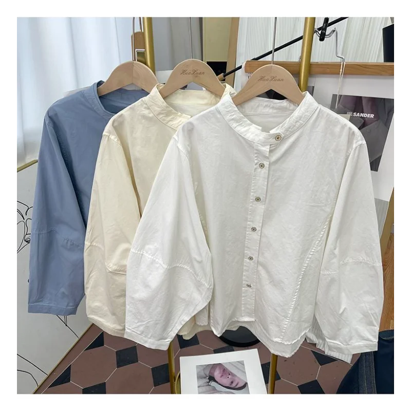 الخريف القطن الخالص فانوس كم طويل الأكمام قميص المرأة الوقوف طوق أعلى 2025 جديد ريترو قميص فضفاض #4