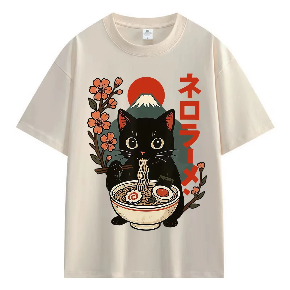 Vintage Japanese Black Cat Ramen T-Shirts Foodie Lover Noodle Short Sleeve Oversized Casual Men Women Cotton T Shirts Streetwear