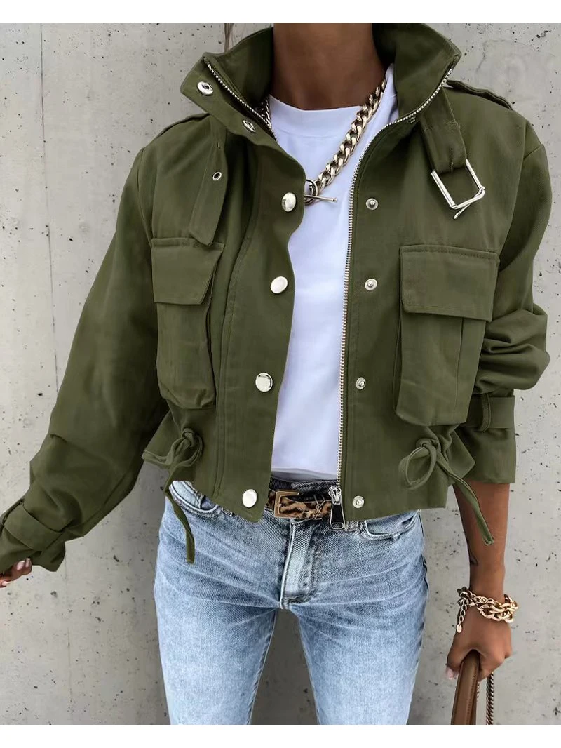 Dámská bunda, oblečení na podzim a zimu, elegantní štíhlý kulatý výstřih, pevná kapsa na knoflíky, dlouhý rukáv, pracovní kabát - náhled 3