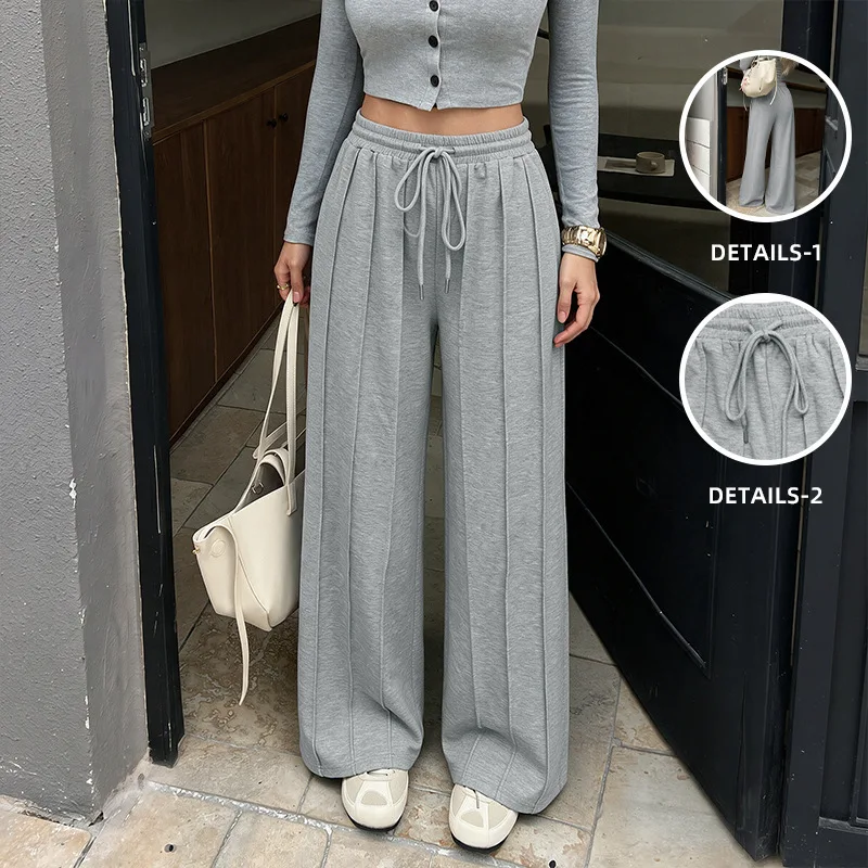 Chic 2026 Autumn and Winter Trosuers Capris Female Casual Lazy Wind Solid Color High Waist Drawstring Mopping Wide Leg Pants Y2K